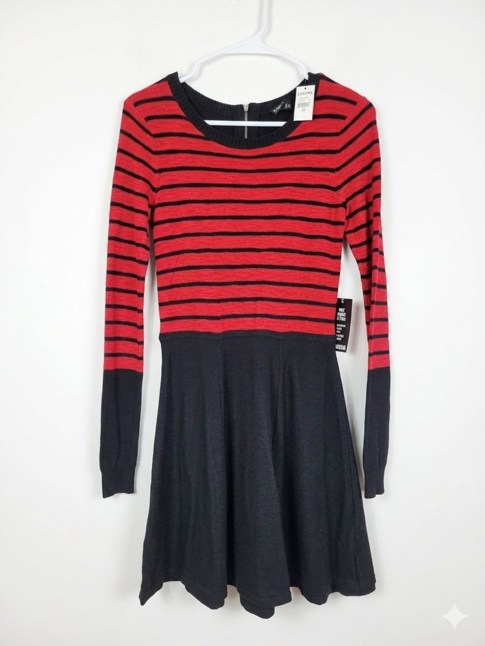 Express Red & Black Striped Long-Sleeve Fit-and-Flare Dress
